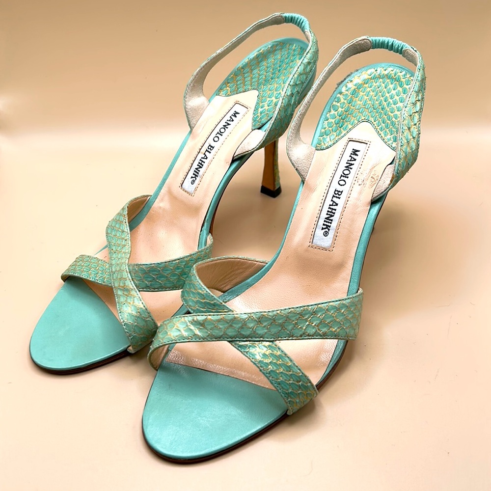 Vintage Manolo Blahnik Turquoise Snakeskin Heels – Rare 70s Italian Made